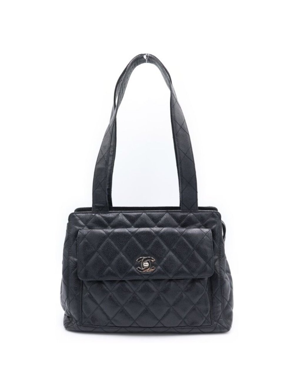 Chanel Quilted Lock Tote Black Caviar Leather Silver